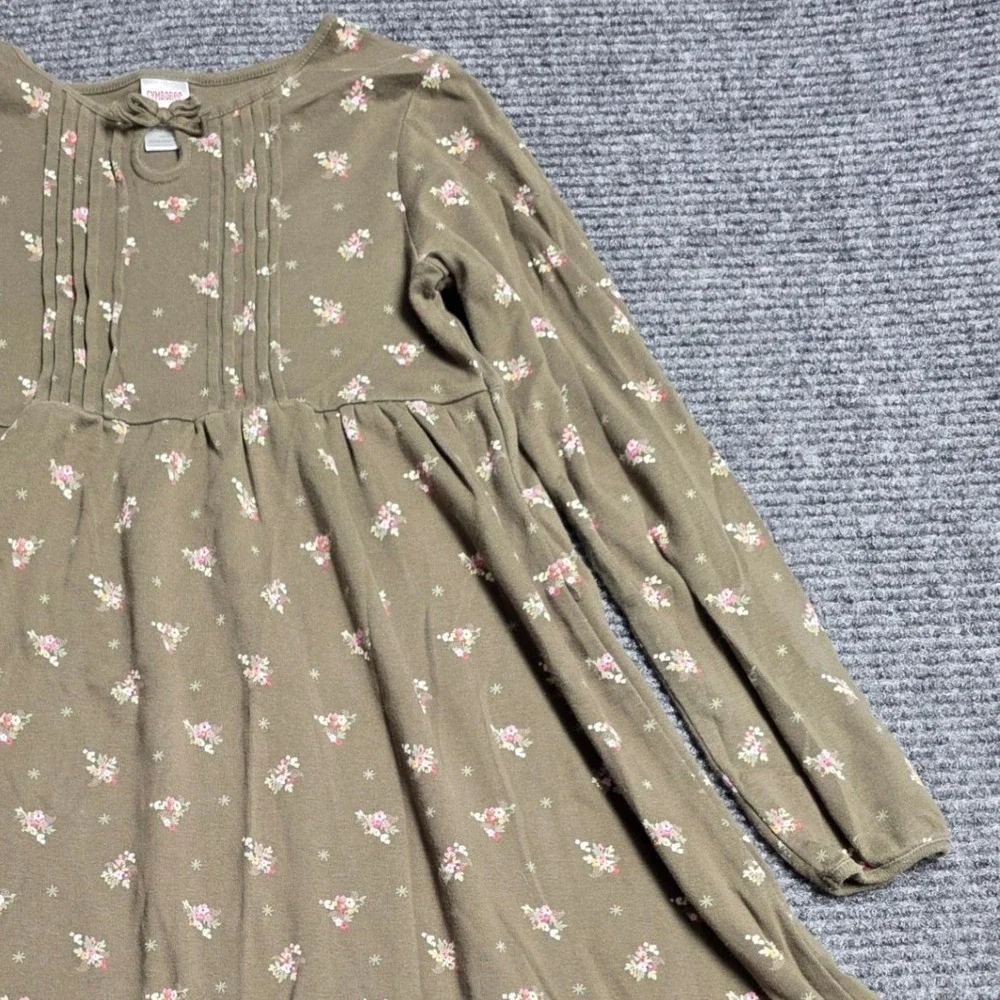 Gymboree Floral Pintuck Long Sleeve‎ Cotton Dress Girl's Size 10 Olive Green